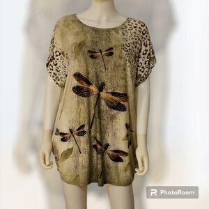 JVINI Olive Bedazzled Dragonfly Leopard Print Short Sleeve Festival Tunic